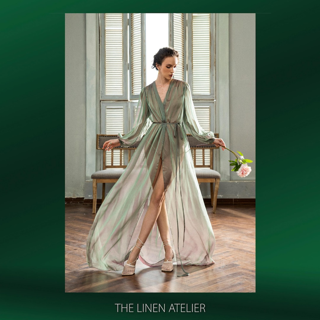 SARA Wrap Tie Chiffon Long Robe Bishop Sleeves Wedding Maxi Robe