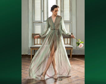 Chiffon Bishop Sleeve Maxi Robe | Wrap Tie Long Dressing Gown