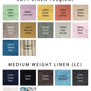 Puede incluir: Una tabla de muestras de tela de lino en varios colores y patrones. Las muestras est&aacute;n etiquetadas con sus nombres y c&oacute;digos, como "Verde menta" (LM001), "Lavanda" (LM002) y "Amarillo mantequilla" (LM003). La tabla est&aacute; dividida en dos secciones: "Lino suave 150g (LM)" y "Lino de peso medio (LC)".