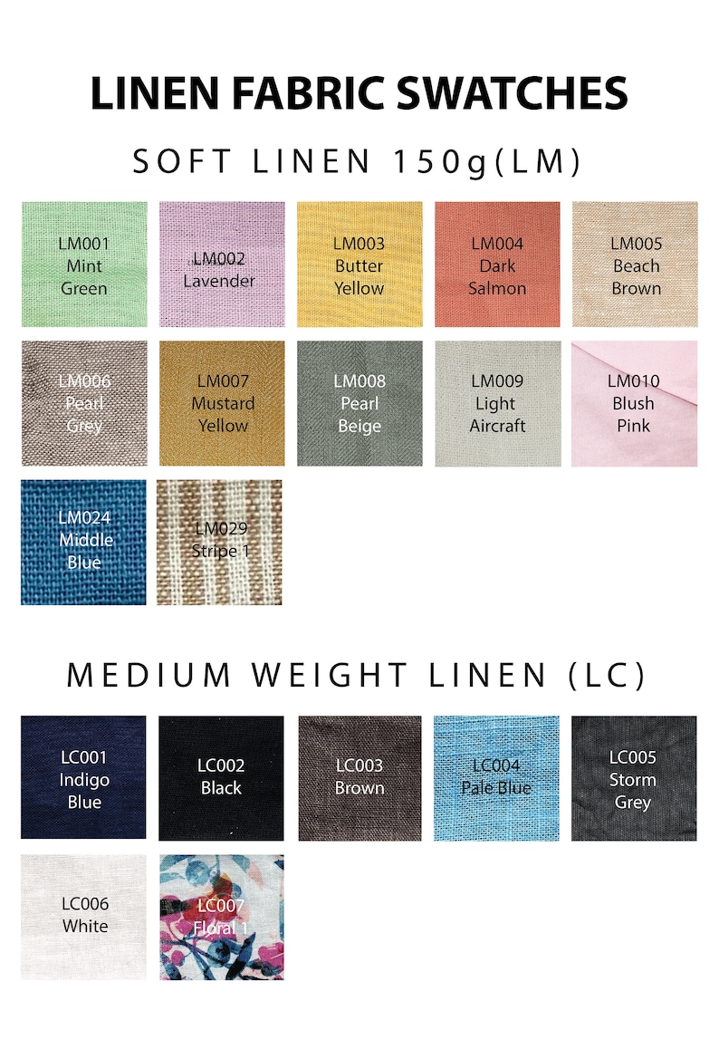 Puede incluir: Una tabla de muestras de tela de lino en varios colores y patrones. Las muestras est&aacute;n etiquetadas con sus nombres y c&oacute;digos, como "Verde menta" (LM001), "Lavanda" (LM002) y "Amarillo mantequilla" (LM003). La tabla est&aacute; dividida en dos secciones: "Lino suave 150g (LM)" y "Lino de peso medio (LC)".