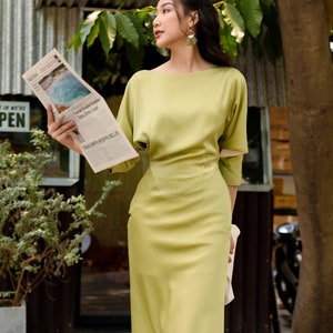 JOYCE Batwing And Cut-out Sleeves Pencil Dress Office Dress Silk Business Dress Satin Secretary Dress Elegant Dress Summer Dress image 3