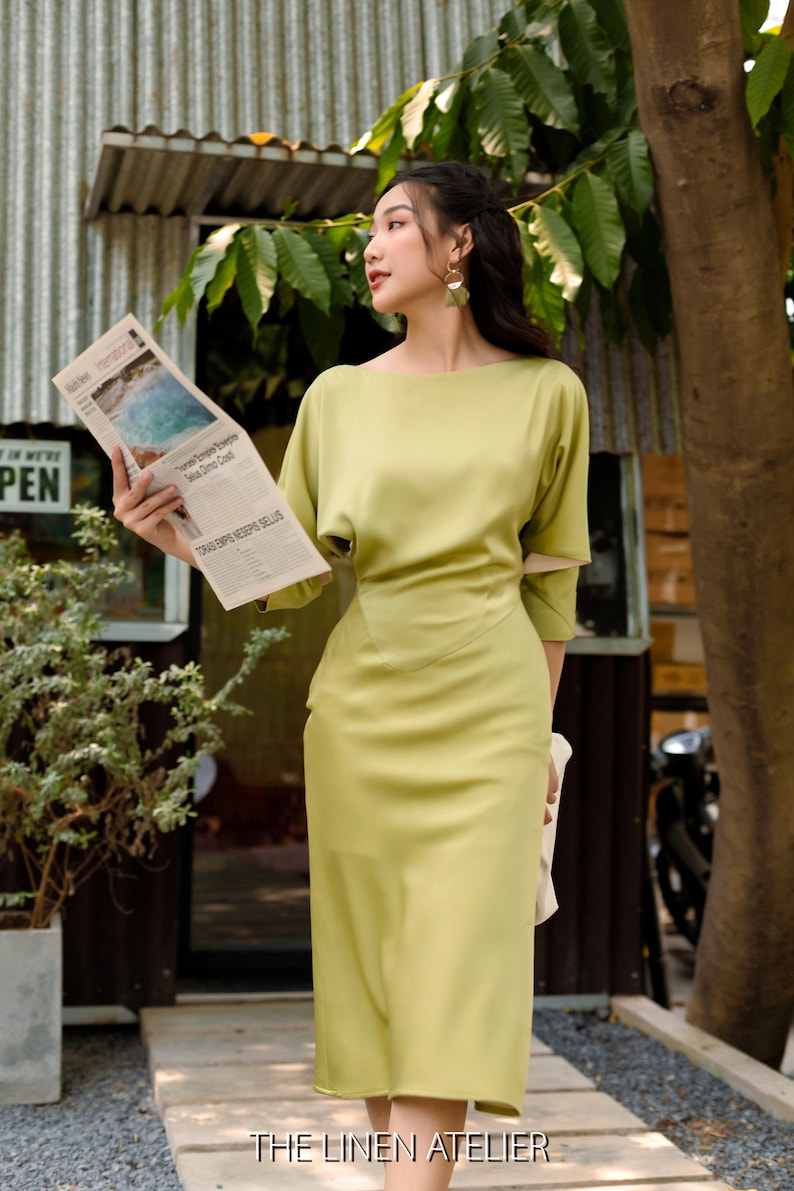 JOYCE Batwing And Cut-out Sleeves Pencil Dress Office Dress Silk Business Dress Satin Secretary Dress Elegant Dress Summer Dress image 3