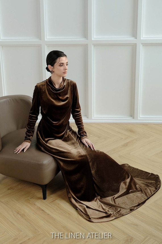 Cowl Neck Velvet Maxi Dress | Long Sleeve Velvet Gown, Made to Order