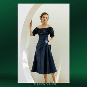 REYNA Off-The-Shoulder Linen Dress With Side Pocket | Mother Of The Bride Dress | Mother Of The Groom Dress | Wedding Guest Dress Tea Length