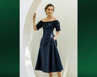 REYNA Off-The-Shoulder Linen Dress With Side Pocket | Mother Of The Bride Dress | Mother Of The Groom Dress | Wedding Guest Dress Tea Length