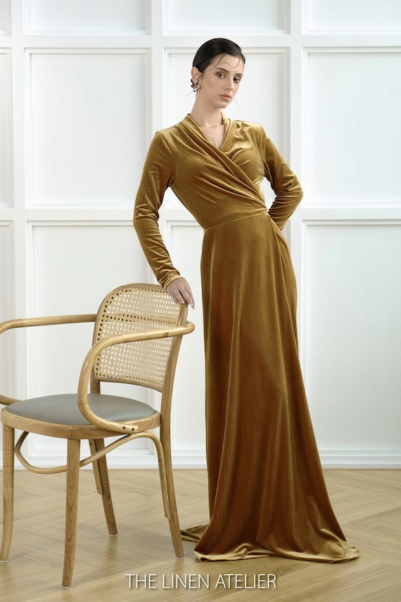 Dress Deals Gold Velvet Wrap Dress Long Sleeve Velvet Wrap Gown Mustard Yellow Christmas Dress Dress Deals Gold Velvet Wrap Dress Long Sleeve Velvet Wrap Gown Mustard Yellow Christmas Dress