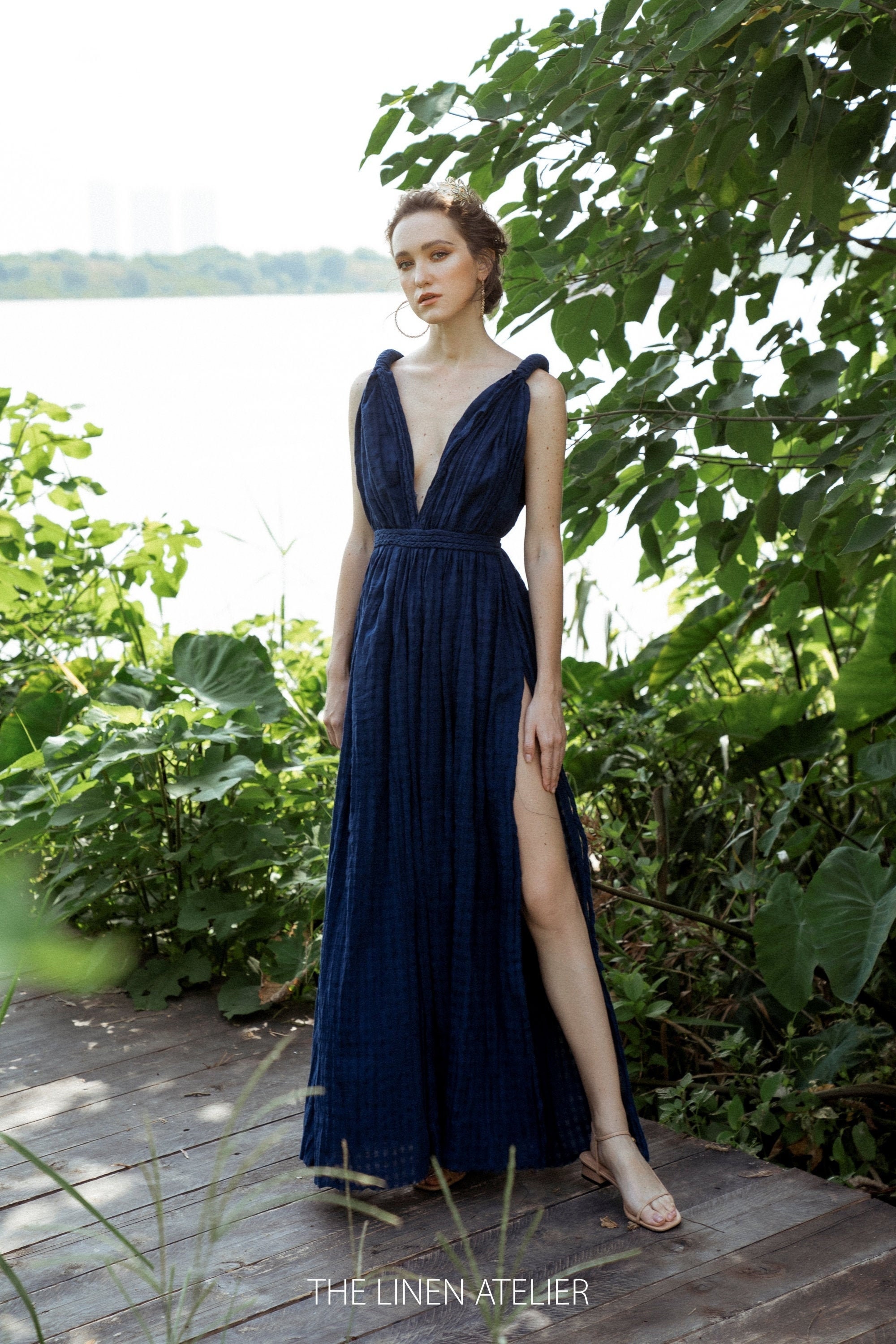 greek style cotton dresses Hera Goddess Cotton Dress * Deep V-Neck Grecian Maxi Gown