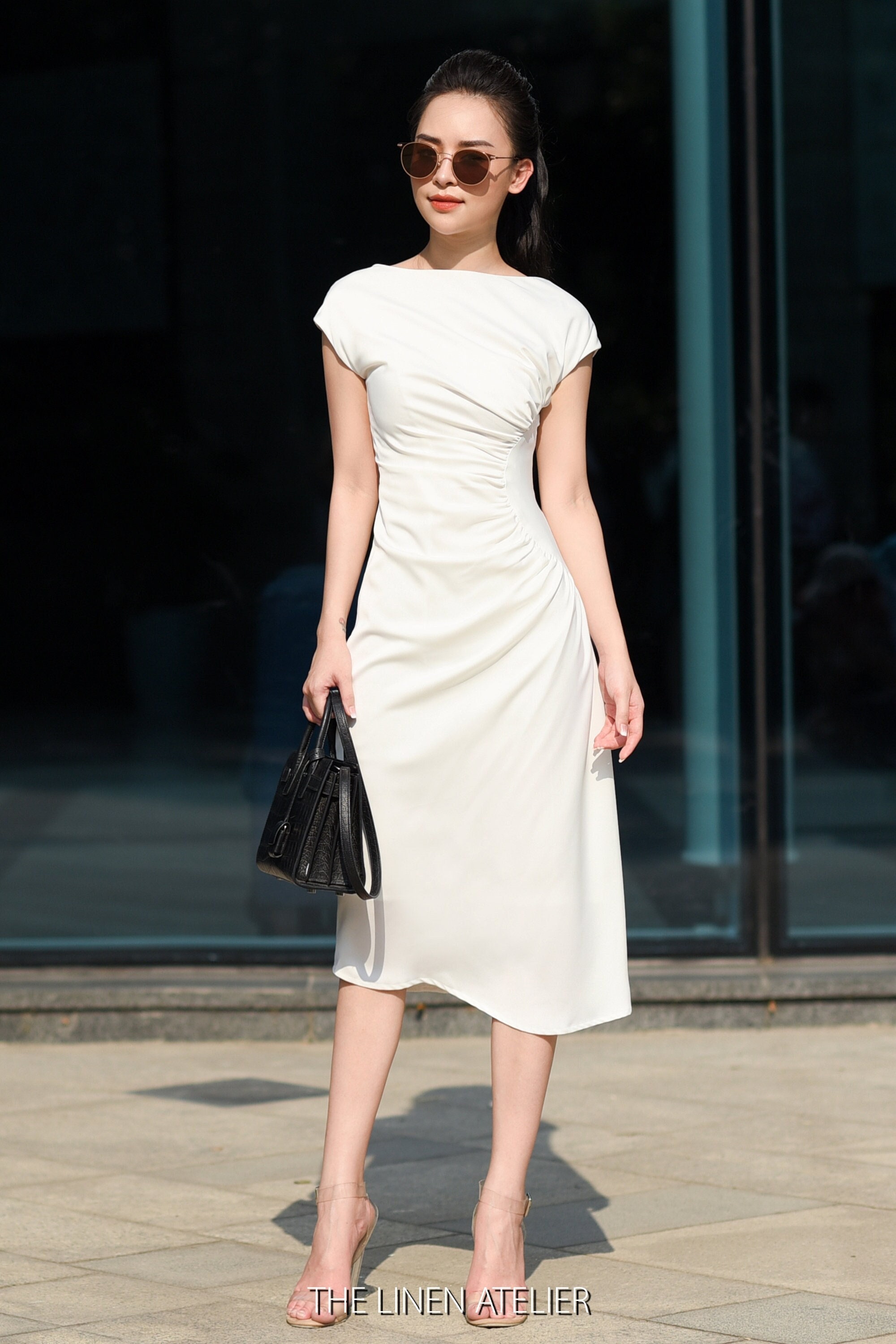 TAGY Rehearsal Dinner Dress | White Cocktail Midi Dress Women | Formal Dresses For Women Wedding Guest | Boatneck Dress | Silk Prom Dress