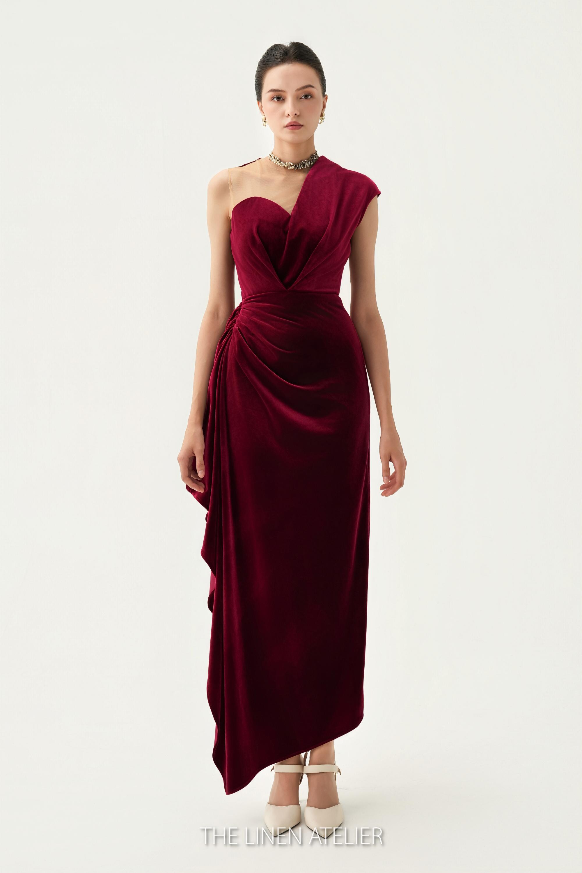 velvet one shoulder ruched maxi dress MillyBridal Drawstring Side One Shoulder Velvet Split Maxi Dress