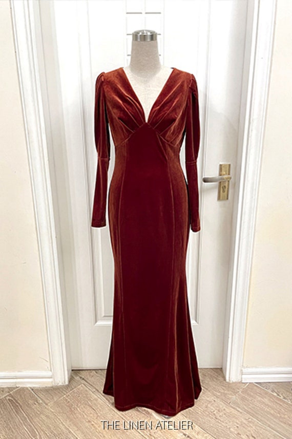 Rust Velvet Long Sleeve Gown | V-Neck Bridesmaid Dress