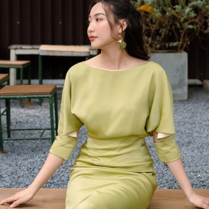 JOYCE Batwing And Cut-out Sleeves Pencil Dress Office Dress Silk Business Dress Satin Secretary Dress Elegant Dress Summer Dress image 5