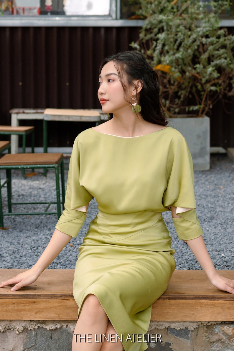 JOYCE Batwing And Cut-out Sleeves Pencil Dress Office Dress Silk Business Dress Satin Secretary Dress Elegant Dress Summer Dress image 5