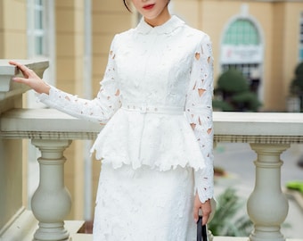 Elegant White Lace Peplum Midi Dress, Formal Floral Embroidered | christmas gift for her
