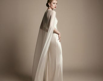 Ivory Satin Midi Dress with Cape | Elegant Bridesmaid Dress | Wedding Guest Dress | Minimal Evening Gown