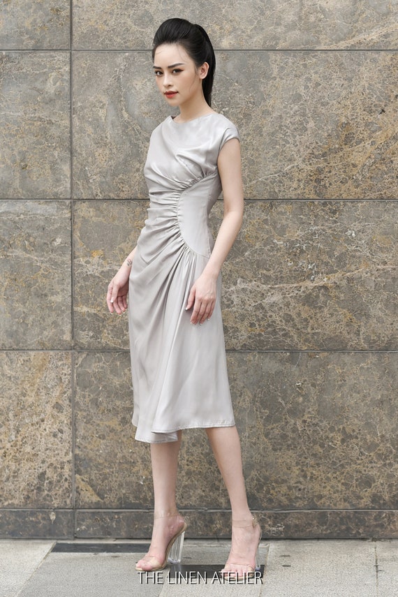 Tagy Satin Boat Neck Dress Wedding Guest Dress Ruched Cocktail Dress Satin Elegant Prom Dress Homecoming Dress Evening Dress Etsy Canada