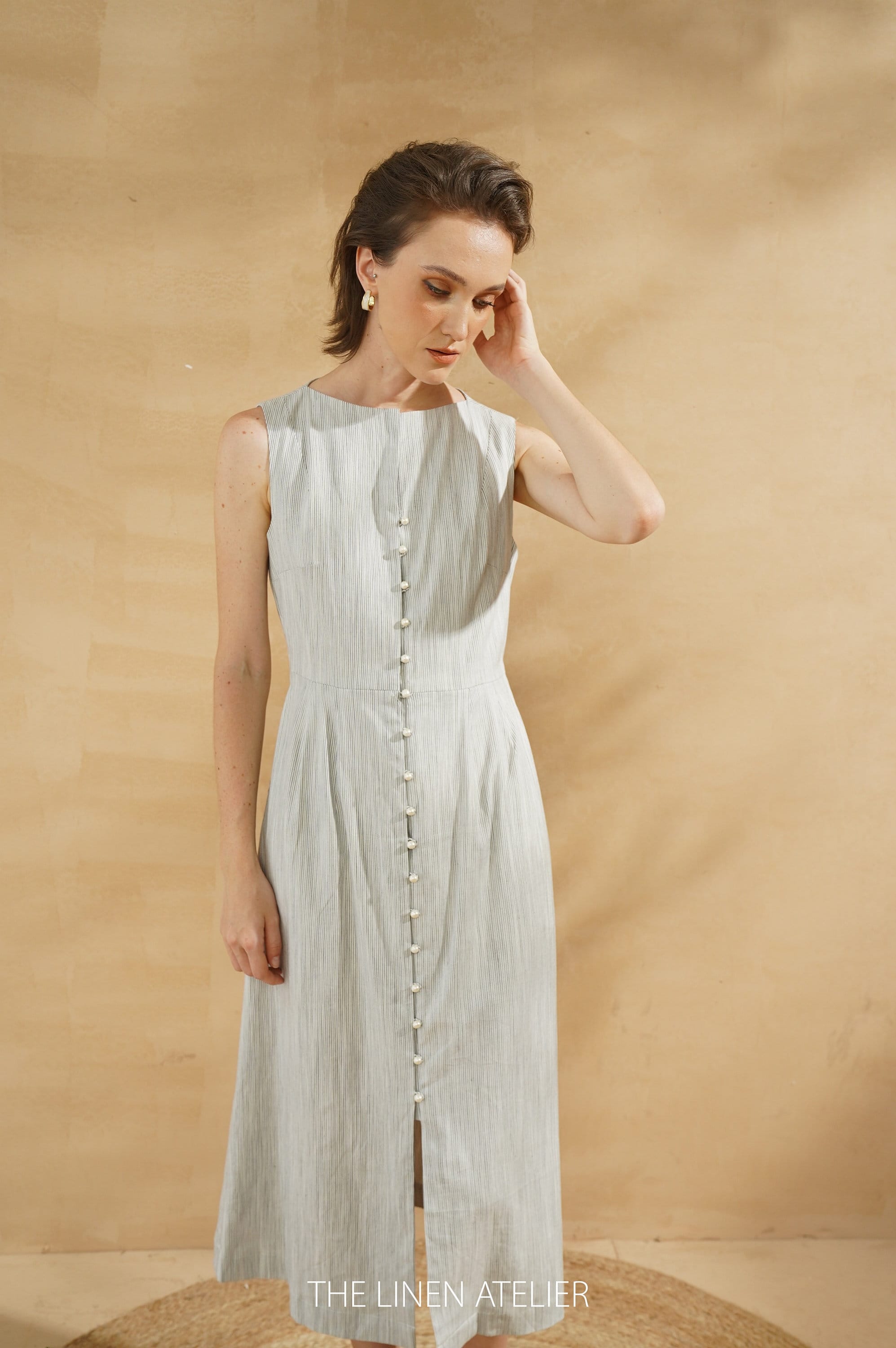 Khaki Stripe Linen Shift Dress | Sleeveless Summer Dress with Pockets