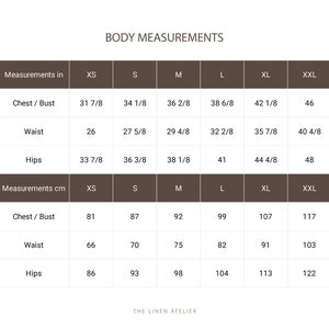 May include: A chart showing body measurements in inches and centimeters for different sizes, from XS to XXL. The measurements include chest, waist, and hips.