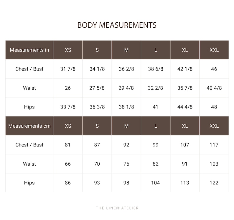 May include: A chart showing body measurements in inches and centimeters for different sizes, from XS to XXL. The measurements include chest, waist, and hips.