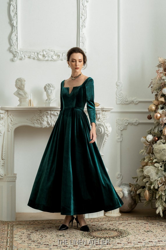 green velvet square neck dress Emerald Long | Formal Gown | Holiday & Wedding Guest Dress | Luxe Velvet Maxi Guest dress