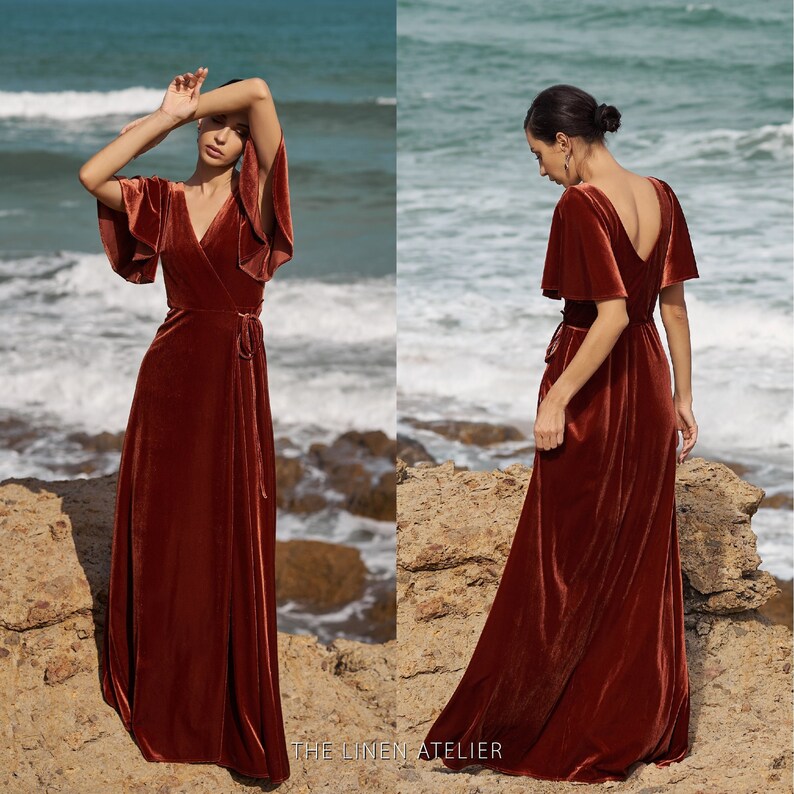 TIFFANY Rust Velvet Wrap Dress | Gift For Her | Engagement Dress | Valentine Gift | Dress For Women | Simple Wedding Dress | Reception Dress 