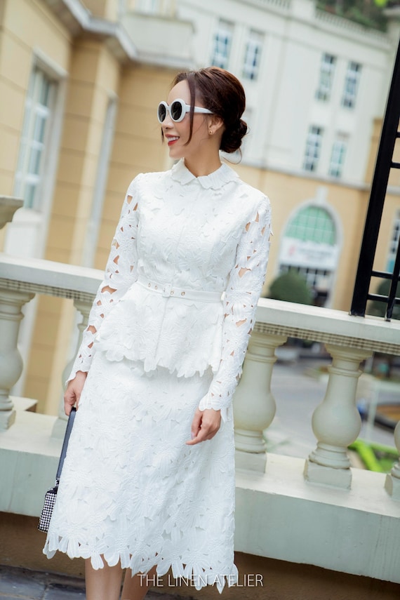 white peplum dress with black lace Elegant White Lace Peplum Midi Dress, Formal Floral Embroidered