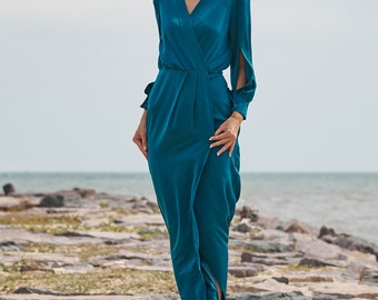 Crêpe de satin Midi Dress | Long Sleeve Wrap Wedding Guest Gown