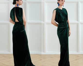 LINDSAY Draped Sleeves Velvet Evening Gown | Custom-Made | Elegance and Grace for Engagements, Proms, and Weddings