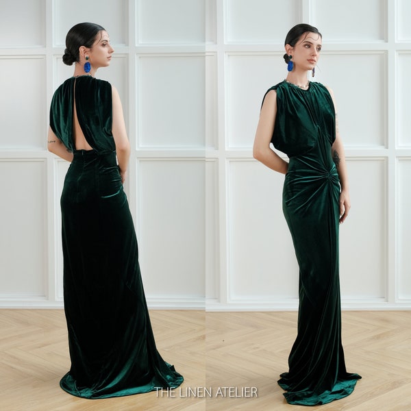 LINDSAY Draped Sleeves Velvet Evening Gown | Custom-Made | Elegance and Grace for Engagements, Proms, and Weddings