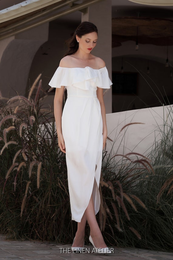 White Silk Off-Shoulder Dress | Ruffle Sleeve Wedding Guest Dress