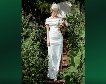 PAMELA Off The Shoulder Wedding Dress | Simple Wedding Dress | Off The Shoulder Satin Wedding Dress | Unique Wedding Dress | Prom Dress Long