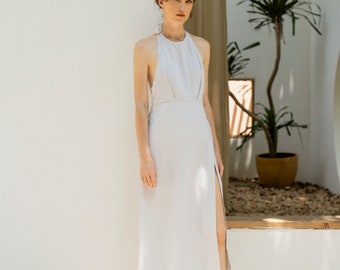 Linen Halter Dress | Backless White Dress With Slit - Etsy Linen Halter Dress | Backless White Dress With Slit - Etsy