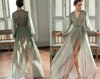 SARA Wrap Tie Chiffon Long Robe | Bishop Sleeves Wedding Maxi Robe  | Long Dressing Gown | Bridal Robe | Wedding Party Robe | Beach Cover Up