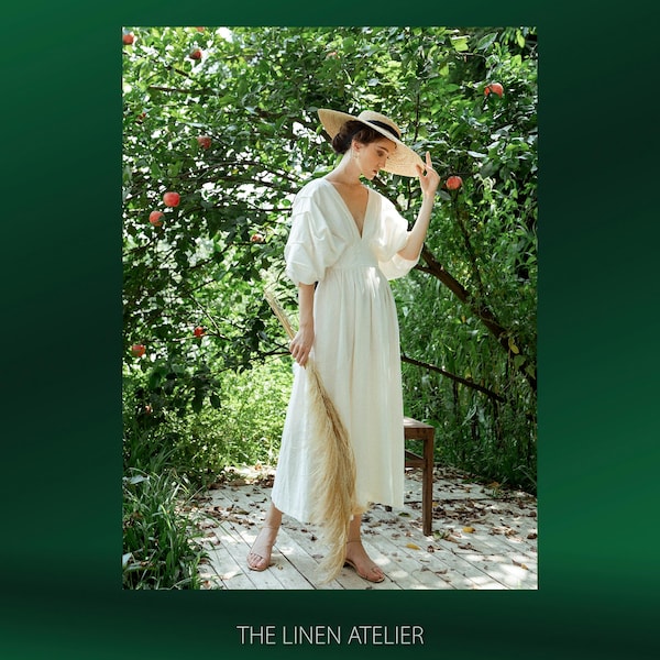 Linen Midi Dress | Boho Wedding, Gathered Waist - The Linen Atelier