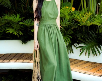 Green Linen Halter Maxi Dress | Backless Apron Style - Etsy Canada