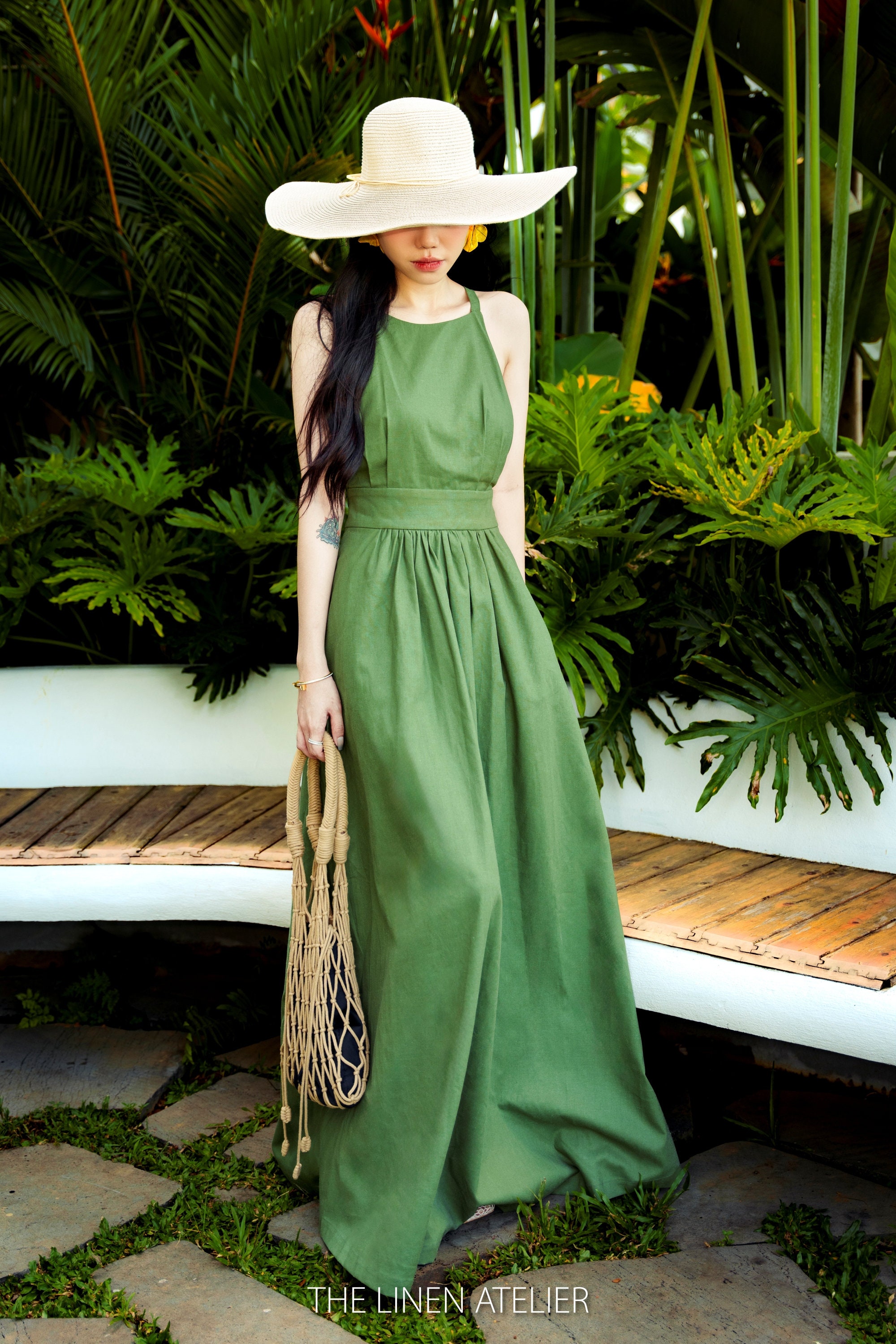 Green Linen Halter Maxi Dress | Backless Apron Style Green Linen Halter Maxi Dress | Backless Apron Style