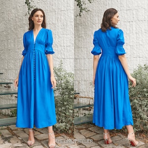 MIRA Long Puff Sleeve Linen Dress | Linen Dress With Pockets | Midi Dress Summer | Women Prom Dress | Beach Dress