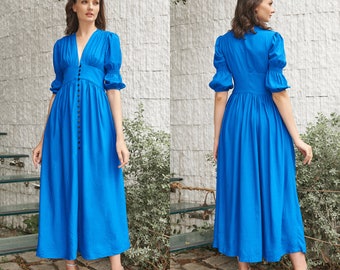 MIRA Long Puff Sleeve Linen Dress | Linen Dress With Pockets | Midi Dress Summer | Women Prom Dress | Beach Dress