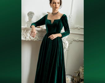 Green Velvet Long Dress | Square Neck Formal Gown