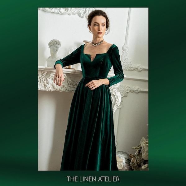 Green Velvet Long Dress | Square Neck Formal Gown