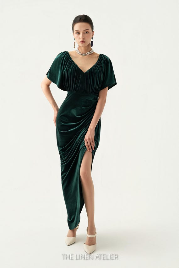Green Velvet Draped Gown | Elegant Christmas Dress | fall clothing gift