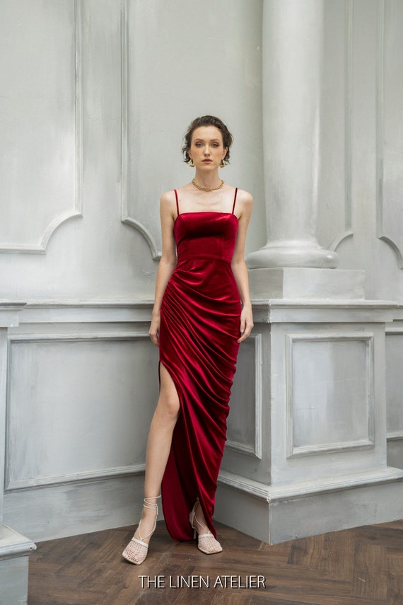 Red Velvet Spaghetti Strap Dress | Velvet Night Out Gown | Wedding & Party Dress | Side Slit Formal Maxi | Custom Size