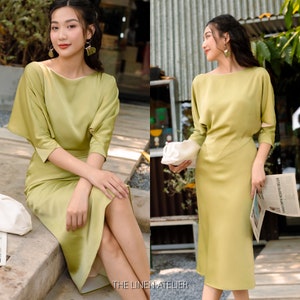 JOYCE Batwing And Cut-out Sleeves Pencil Dress Office Dress Silk Business Dress Satin Secretary Dress Elegant Dress Summer Dress image 1