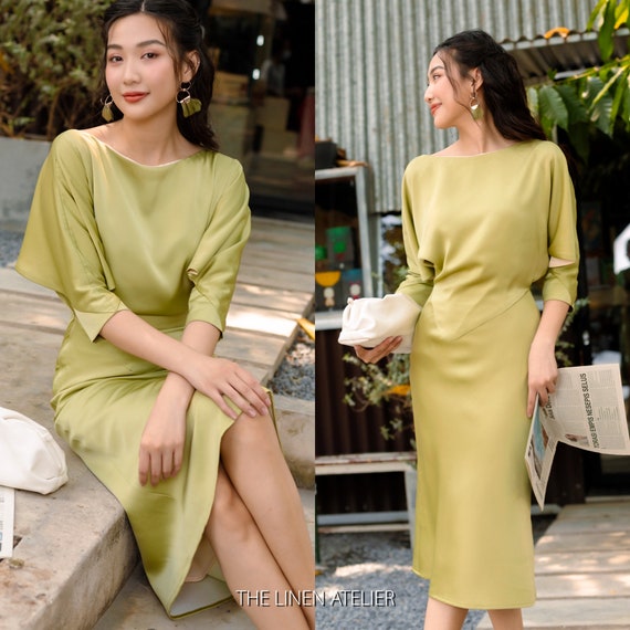 Satin Pencil Dress | Batwing Cut-out Sleeves, Elegant Office Style