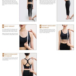 May include: Diagram showing how to take body measurements for clothing. The diagram shows a woman in a black sports bra and leggings, with a measuring tape being used to measure different parts of her body, including dress length, skirt length, bust height, front shoulder to waist, and back shoulder to waist. The text in the image includes the names of each measurement and instructions on how to take them.