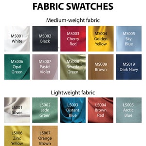 May include: Swatch cards showing different colors of crepe de chine silk fabric. The fabric swatches are labeled with color names and codes. The swatches are divided into two categories: medium-weight fabric and lightweight fabric.