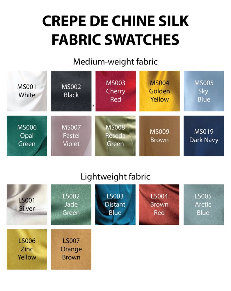 May include: Swatch cards showing different colors of crepe de chine silk fabric. The fabric swatches are labeled with color names and codes. The swatches are divided into two categories: medium-weight fabric and lightweight fabric.