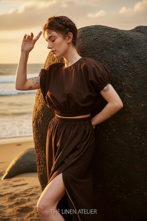 brown two piece dress Linen Maxi Set | Boho Crop Top & Skirt P216013 Soft Crepe Long guaranteeing that the fabric Cabinet Pulls Sleeve:34/35