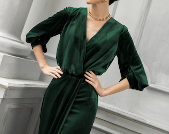 Emerald Green Velvet Wrap Dress | Formal V-Neck Gown | fall clothing gift
