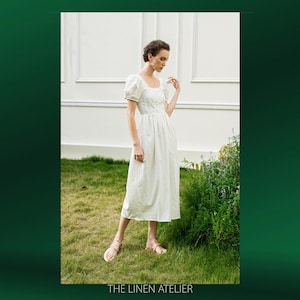 PIPER Linen Puff Sleeves Cottagecore Dress | Milkmaid Dress White | Scoop Back Peasant Dress | White Linen Midi Dress | Fall Dress Women