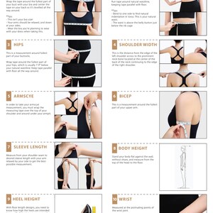 May include: Diagram showing how to take body measurements for clothing.  The diagram includes illustrations of a person taking measurements for bust, waist, hips, shoulder width, armscye, bicep, sleeve length, body height, heel height, and wrist.